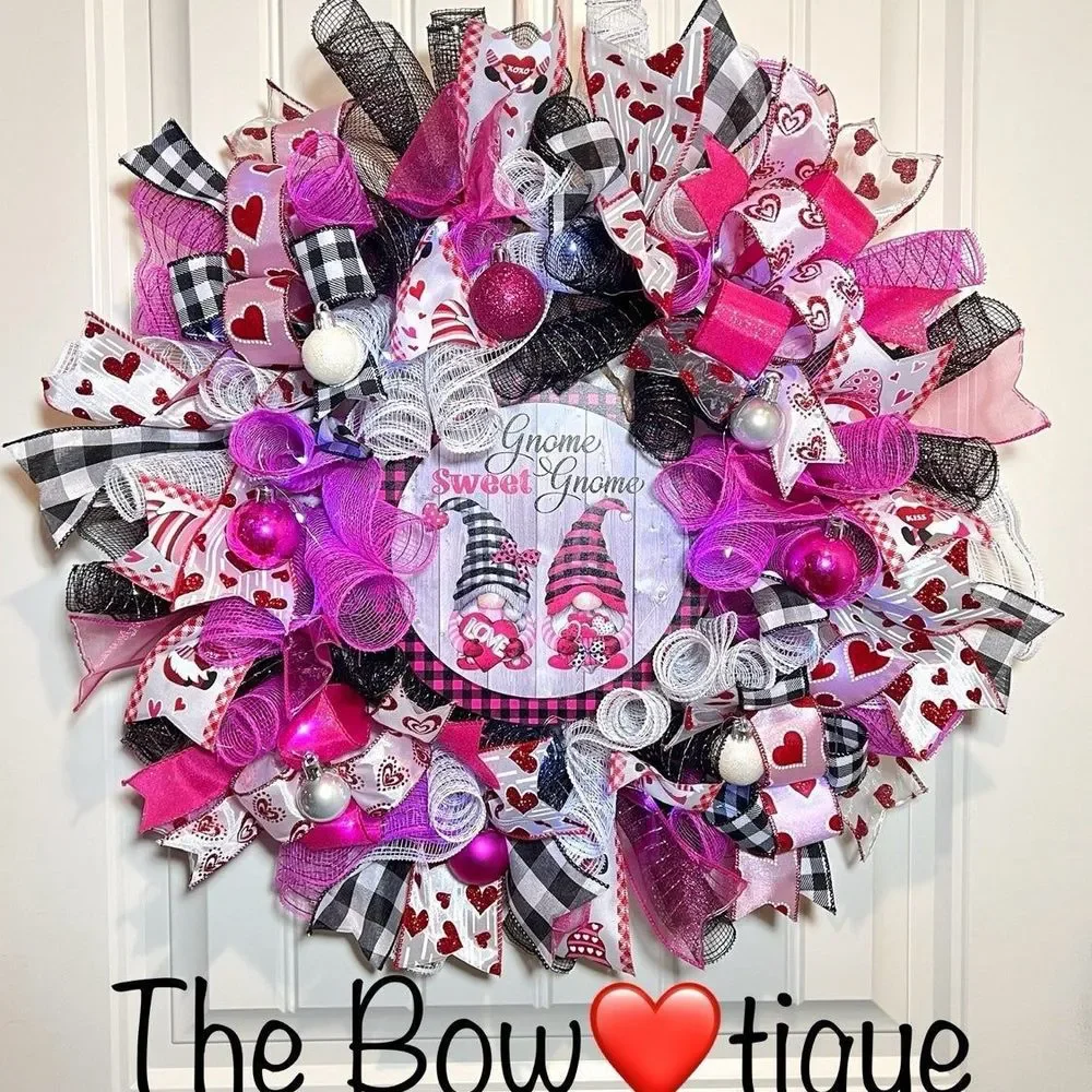 Handmade Valentine’s Gnome Sweet Gnome Ribbon Prelit Wreath 22 ins LED W17